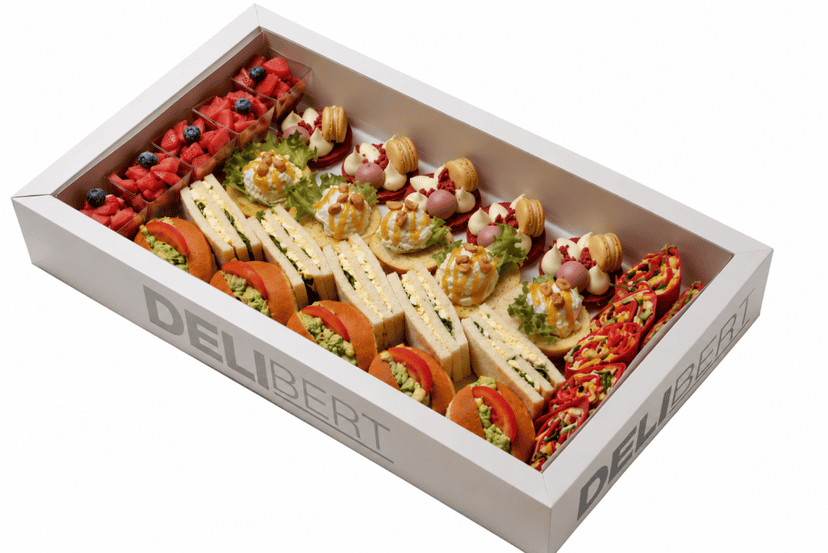 Vegetarische najaarslunch met luxe broodjes, bietenwraps, avocadosalade en zoete desserts.